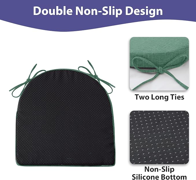 IPYNBAP Chair Cushions for Dining Chairs, Kitchen Chair Cushions, 16'' x 16'' x 2'', Non Slip Indoor Seat Cushions, Chair Pads for Dining Chairs with Ties & Removable Cover, Set of 4, Dark Green - Image 4