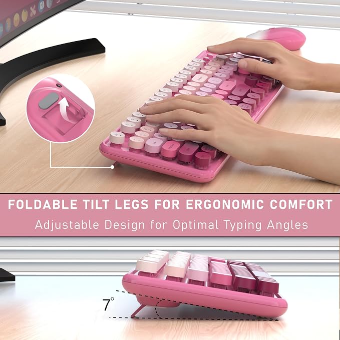 Links9+ Colorful Wireless Keyboard and Mouse Combo (Dark Pink Gradient) | Full-Size Retro Typewriter Style Keyboard with Vintage Round Keycaps, 2.4G Wireless Set for Windows, Mac, Laptop, PC, Desktop - Image 5