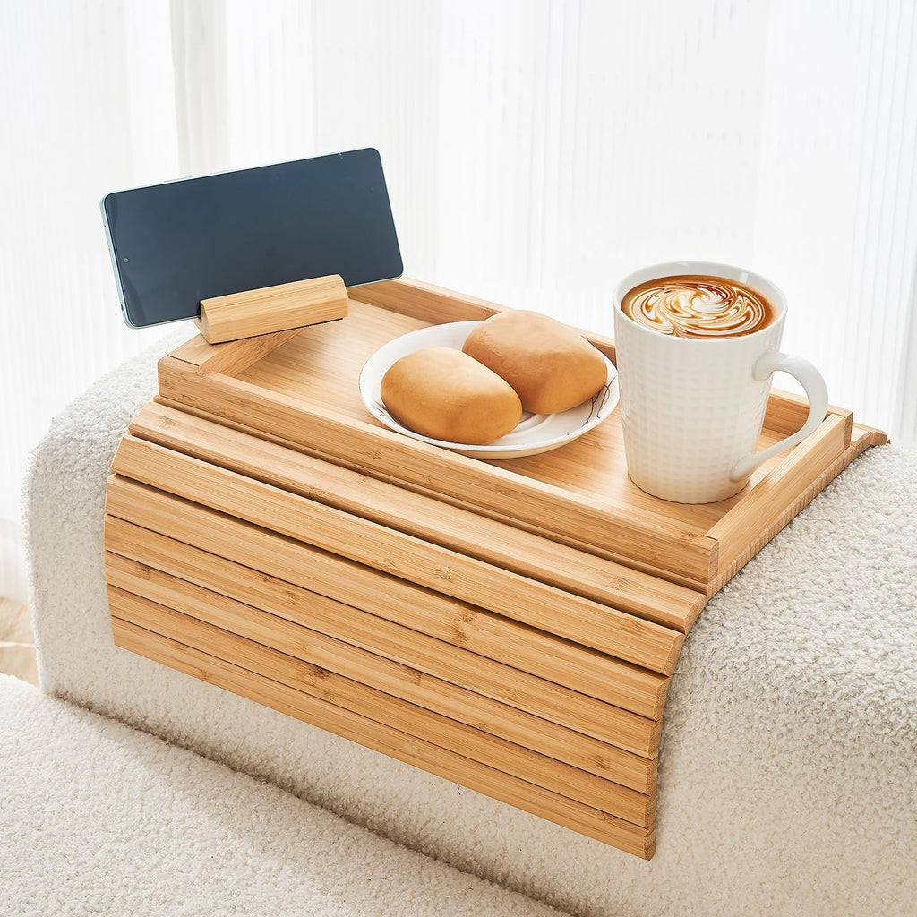 Bamboo Sofa Arm Tray, Anti Falling Couch Arm Tray Armrest Table with 360° Rotating Phone Holder, Foldable and Portable Sofa Armrest Trays Cup Holder for Drink,Cups, Phone, Snacks, Remote by LOVYANXUE