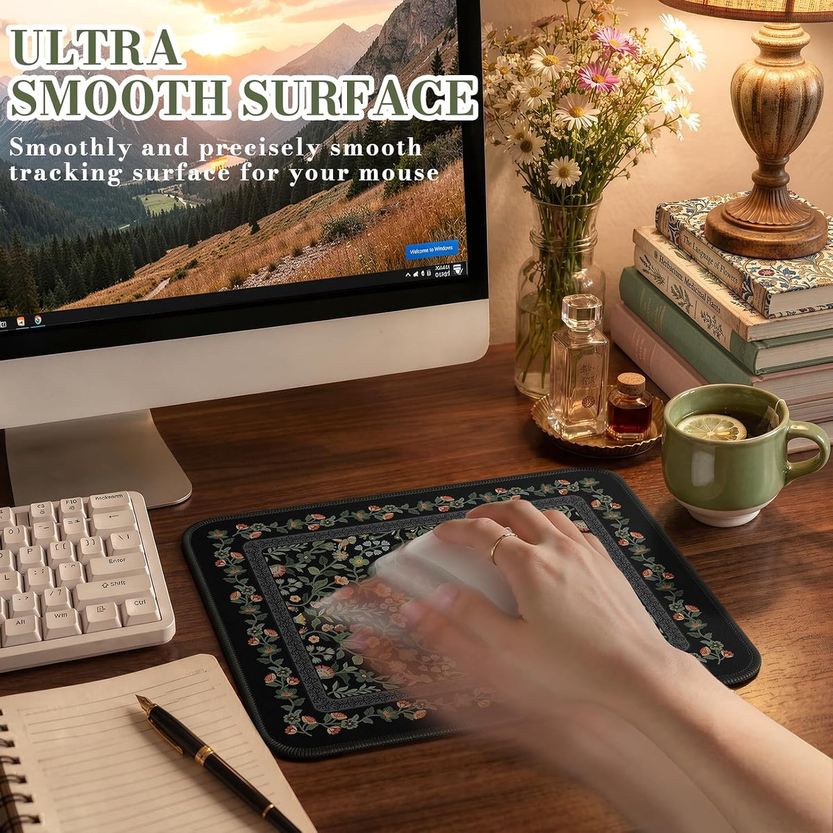 iCasso Aesthetic Small Mouse Pad, 9.5x7.9in,Home Office, Black Floral - Image 3