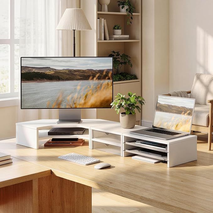Fenge Dual Monitor Stand, Corner Desk Shelf with Drawer & Slide-Out Tray | Modular Design for Flexible Layouts, 2-Tier Storage Desktop Organizer for Computer, Laptop, Printer and Telephone - Image 2