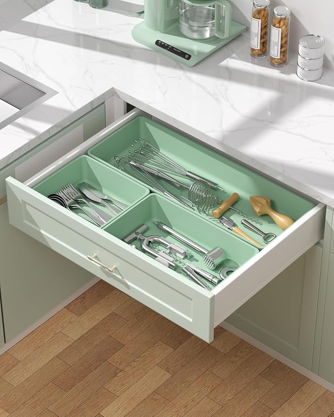 10 Pack Large Size Plastic Drawer Organizers Set, 3 Sizes Desk Drawer Organizer Trays, Storage Bins for Vanity, Makeup, Bathroom, Kitchen Utensils and Office (Green) - Image 6