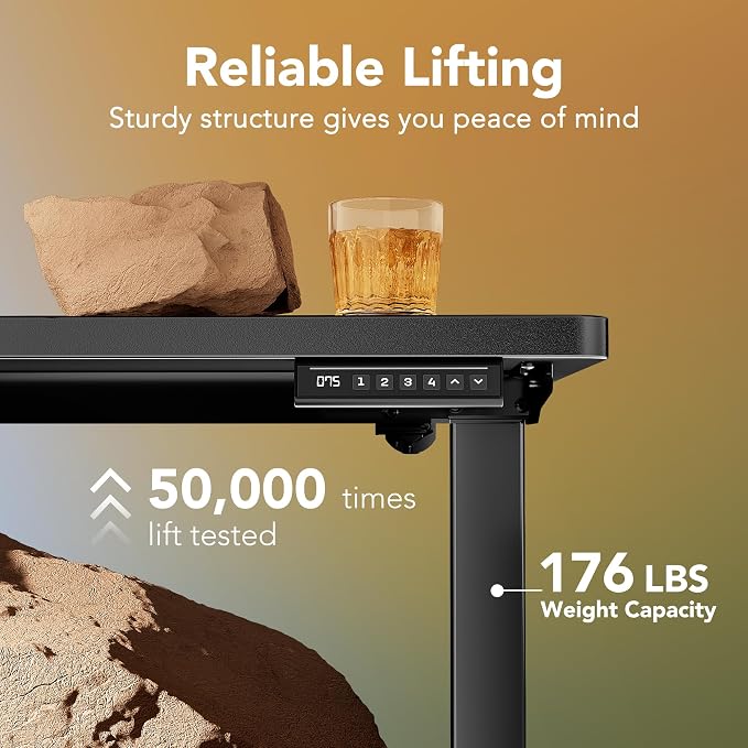 HUANUO 40x24 Inch Electric Standing Desk, Height Adjustable, Black | 176 Lbs Capacity, Smooth Home Office Desk, 4 Memory Presets & Headphone Hooks, 28.3–46.5 Inch Height Range, Easy to assemble - Image 6