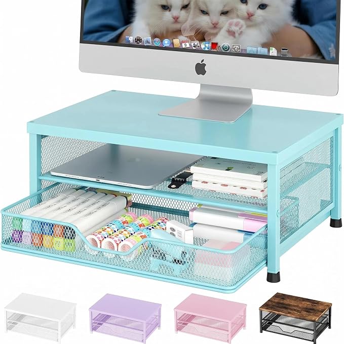 Computer Monitor Stand Riser, Desk Organizer with Drawer, Printer & Laptop Stand, Office Desk Accessories & Workspace Desktop Organizers Storage for Office Supplies(Blue) by OPNICE
