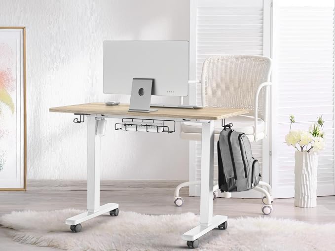 SHW Mobile Electric Height Adjustable Standing Desk w/Drawer, Maple | 40" Wide Top | w/ Memory Presets and Cable Management | Drawer with adjustable compartments | Hanging Hooks - Image 2