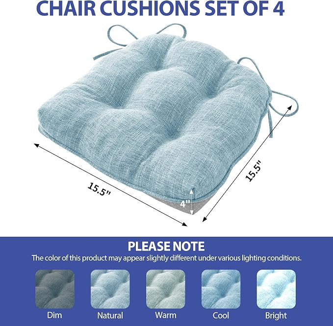 IPYNBAP Chair Cushions for Dining Chairs Set of 4, Kitchen Chair Cushions, Chair Pads with Ties and Non Slip Backing, Tufted Memory Foam Seat Cushion 4 Pack, 15.5" x 15.5" x 4", Baby Blue - Image 2
