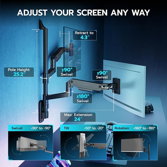 ARES WING Dual Monitor Wall Mount for 17-49 Inch Ultrawide Screens, Black | Heavy Duty Wall Mount Monitor Arm Holds 44 lbs Each, Fully Adjustable Gas Spring Monitor Arm, 75x75/100x100 VESA Mount - Image 5