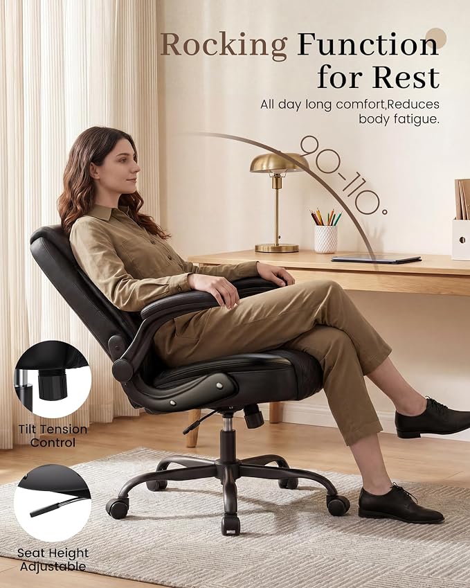 COMHOMA Mid-Back Office Chair, Ergonomic PU Desk Chair with Flip up Arms, Small Computer Gaming with Comfy Lumbar Support,Rocking Function,Sturdy Metal Base, Ink Black - Image 7