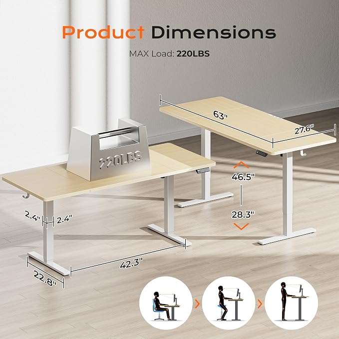 Huuger 63 x 28 Large Electric Standing Desk, Height Adjustable Computer Desk, 27.6" Deep Desktop, Stand up Gaming Office Table with 2 Hooks, 3 Preset Heights, for Home Office, Maple, 7021Q-1 - Image 2