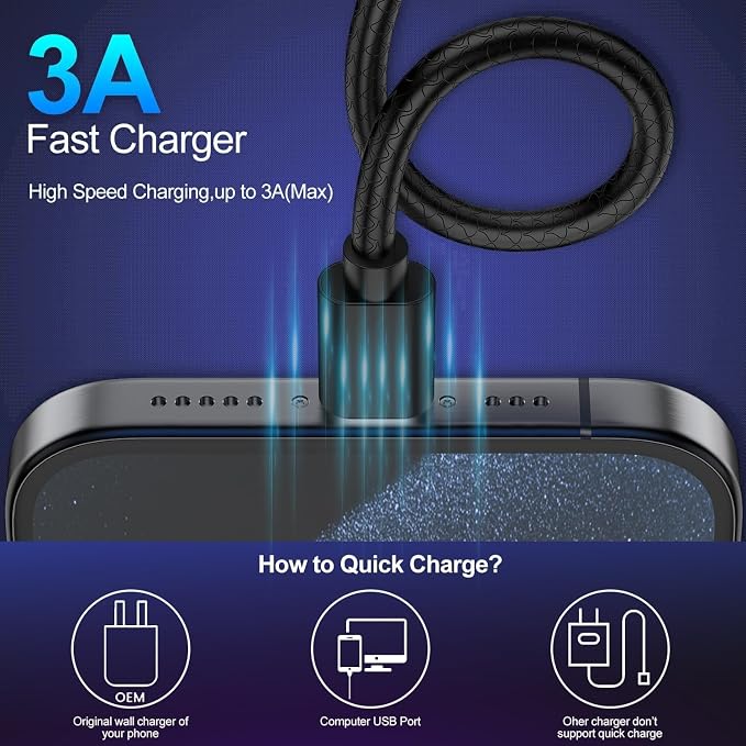 [3Pack 10ft] Compatible with Samsung Galaxy S9 S10 S8 Plus Charger Cord(3A Fast Charging), TPE USB C Type Charger Cable,USB A to Type C Replacement for Samsung A32/A12/A10e/A20/A51/Note 20/9,LG-Black - Image 3