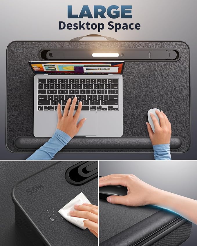 SAIJI Lap Desk with LED Light, Portable Laptop Tray with Cushion | Fits Up to 17" Laptops & MacBook, Lap Desks for Writing and Working, Leather Top, with Drawer, Wrist Rest and Phone Holder - Image 4