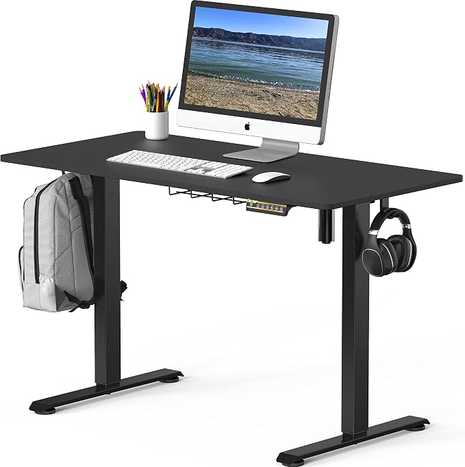 SHW 48-Inch Electric Height Adjustable Sit to Stand Desk, Black | with Hanging Hooks and Cable Management, Black Frame and Black Top - Image 4