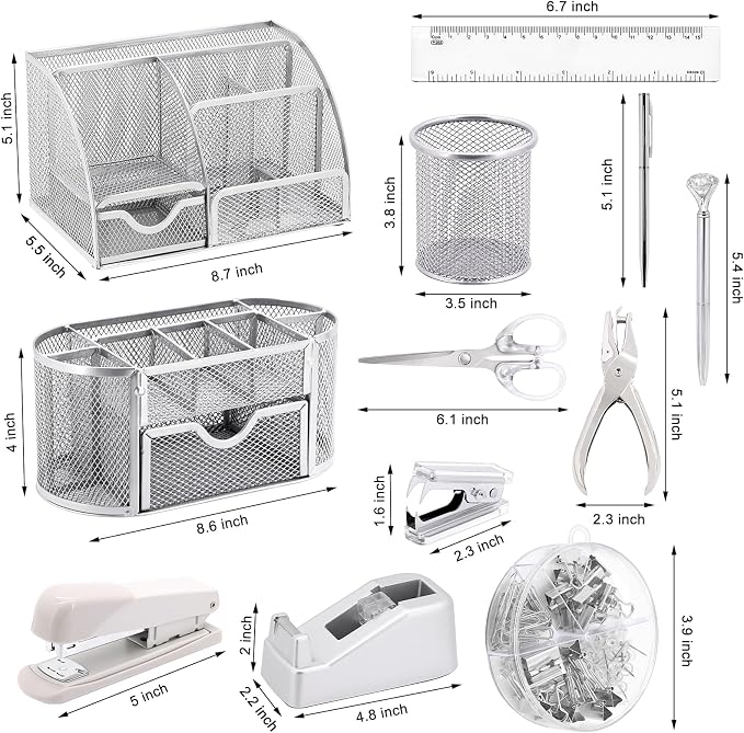 17 IN 1 Office Desk Organizer Set for Back to School Supplies Accessories | 3 Office Desk Storage Organization, 4 Pens, Stapler, Staples & Remover, Tape & Dispenser, Scissors, Ruler, Clips, Hole Punch - Image 2