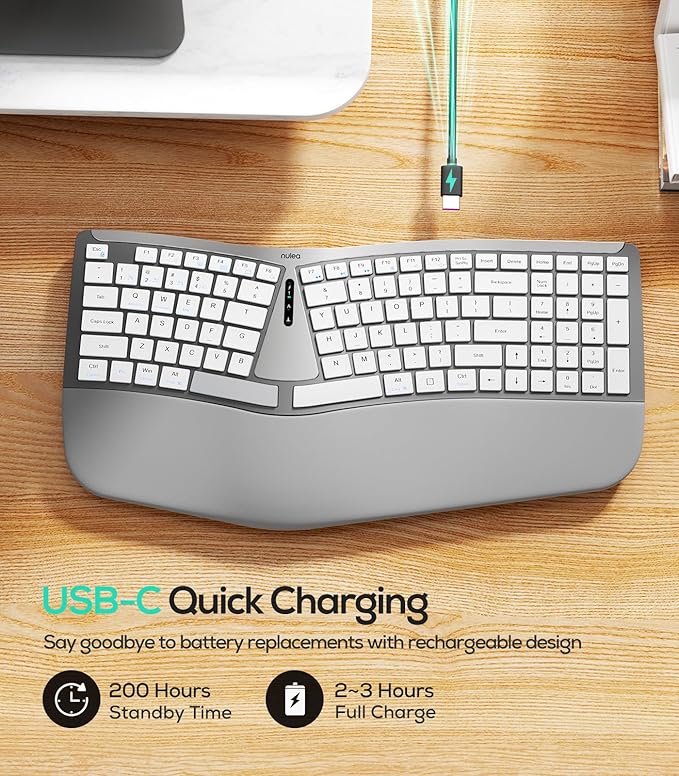 Nulea RT07B Wireless Ergonomic Keyboard - Split Keyboard, Wrist Rest, Natural Typing, Bluetooth and USB Connectivity, USB-C Rechargeable,Compatible with Windows Mac (Pink) - Image 6