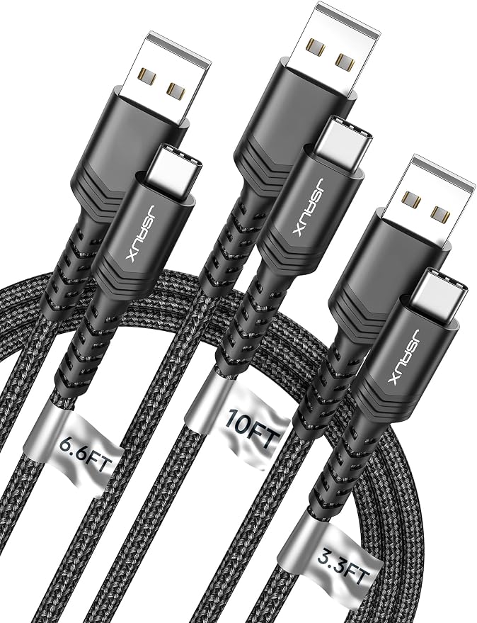JSAUX USB to USB C Cable, USB C Cable for iPhone 17, 3-Pack (10+6.6+3.3FT) | USB Type C Charger Cord, Fast Charging for iPhone 17 16 Pro Max, Samsung Galaxy, iPad, Black by JSAUX