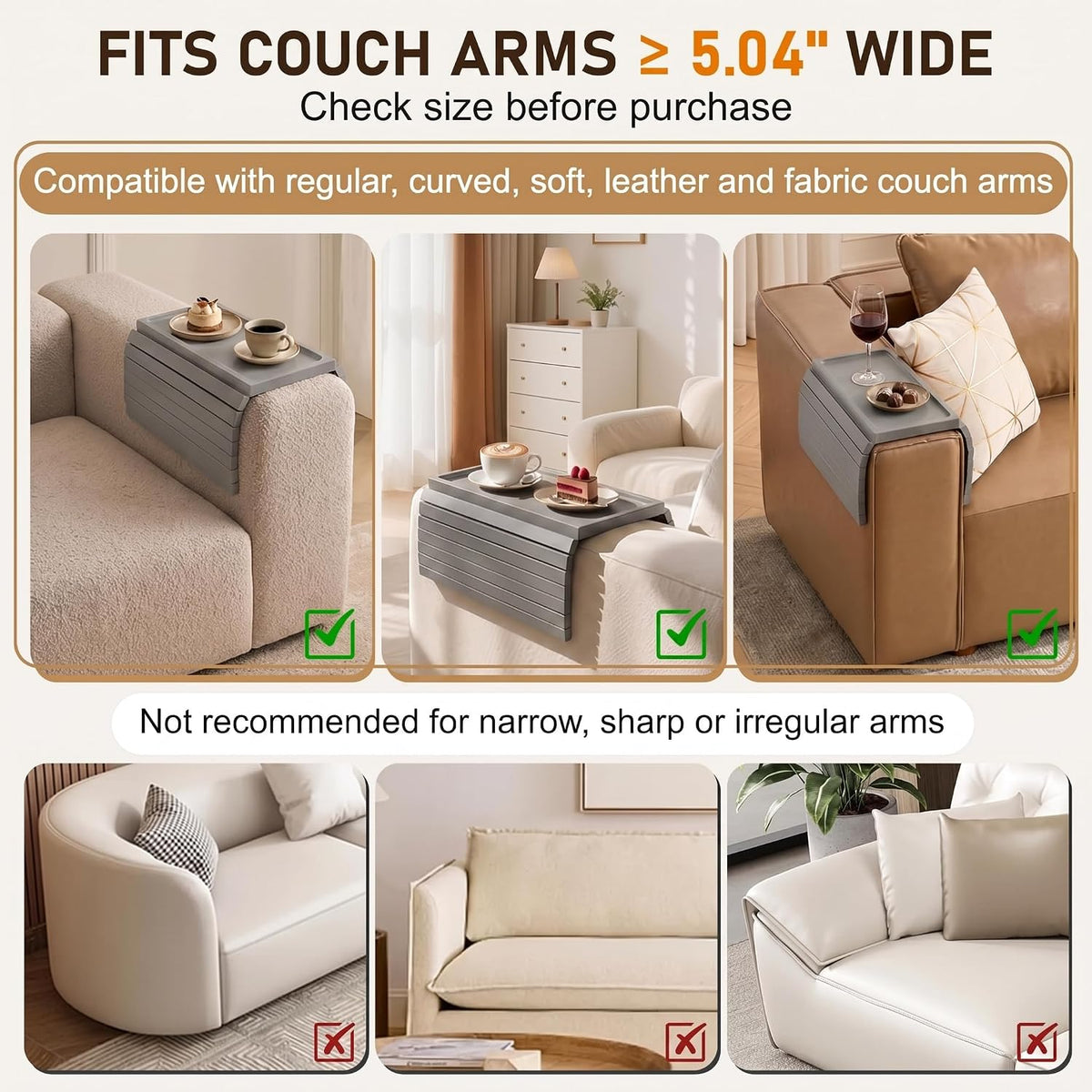 Grey Bamboo Wood Couch Armrest Table, Couch Arm Tray, Foldable Anti-Slip Bamboo Couch Tray, Sofa Cup Holder for Drink Snacks Remote Control - Image 4