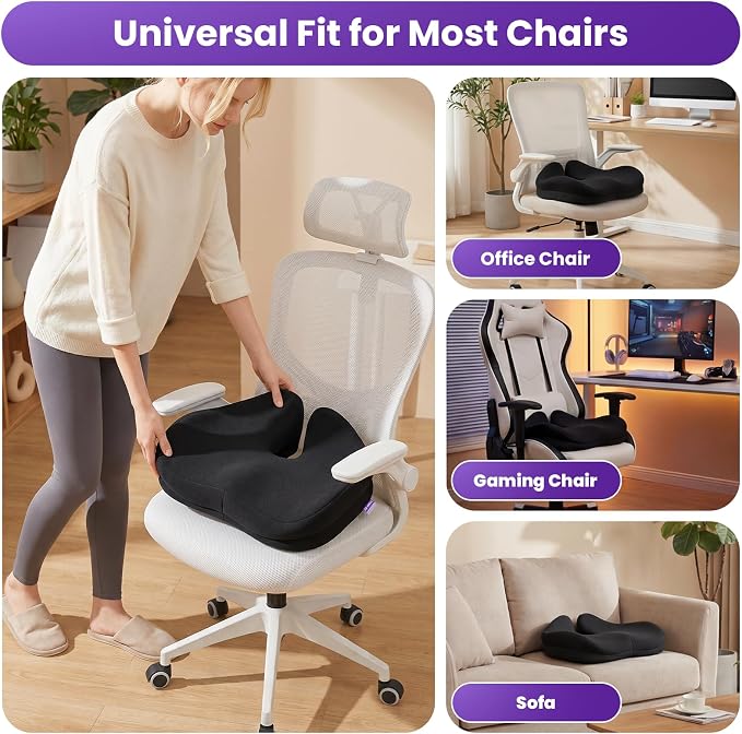 ZZ-WELL Seat Cushion for Office Chairs, Black, 21.2 Inches | Coccyx Cushion for Tailbone Pain, Memory Foam, Extra Large Thick, Patented Pressure Relief, Computer Gaming Chair - Image 4