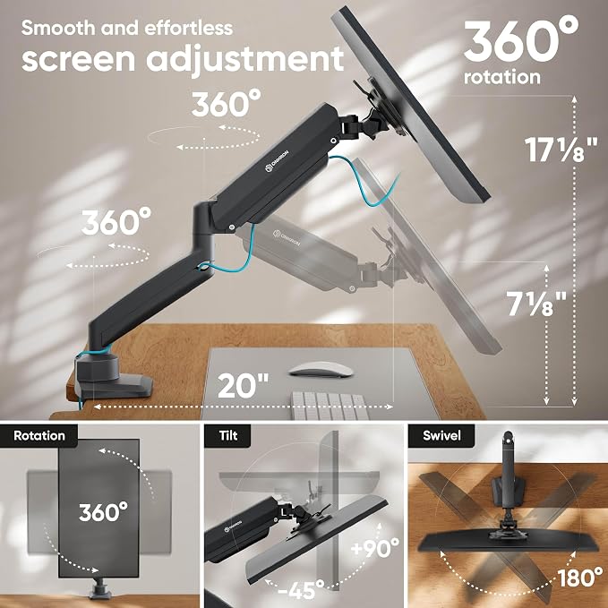 ONKRON Monitor Arm Desk Mount 13-32 Inch, 22 lbs, max VESA 100x100, Black | Single monitor mount with 19.1" extension, gas spring, swivel, tilt, rotation; C-clamp or grommet mount for office & gaming - Image 3