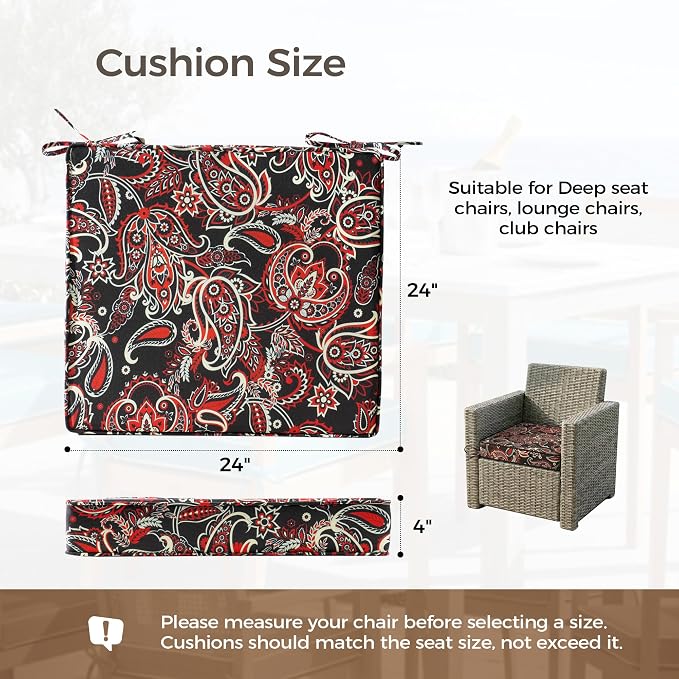 UNIKOME Outdoor Chair Cushions Set of 4, Water Resistant Patio Seat Cushions with Ties for Outdoor Furniture, High-Density Foam, UV & Fade Resistant, Piped Edge – 24" x 24" x 4", Red Paisley Floral - Image 2