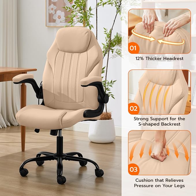 Ylzyxal Office Desk Chair, Ergonomic Computer Chair with Padded Flip-Up Arms and Adjustable Lumbar Support, PU Leather Executive Chair with Tilt Lock and 360° Swivel Rolling Wheels for Work, Study - Image 7