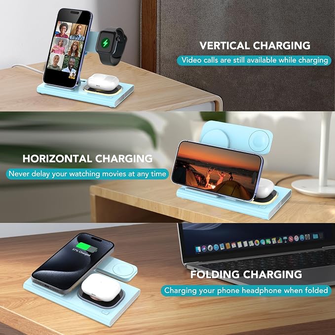 3 in 1 Foldable Wireless Fast Charging Station for Apple Multiple Devices | iPhone Charging Station for iPhone 17, Travel iWatch Charger Stand, Light Nightstand Charging Dock for Apple Watch/Airpods - Image 7