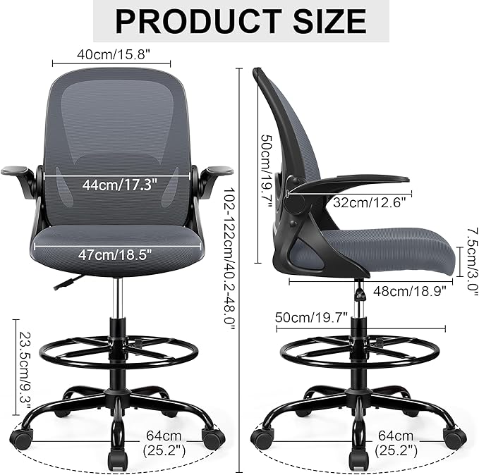Drafting Chair Tall Office Chair with Flip-up Armrests, Adjustable Height, Enhanced Lumbar Support Ergonomic Rolling Stool, Back Support, Adjustable Foot Rest Ring for Standing Desk Dark Gray - Image 2