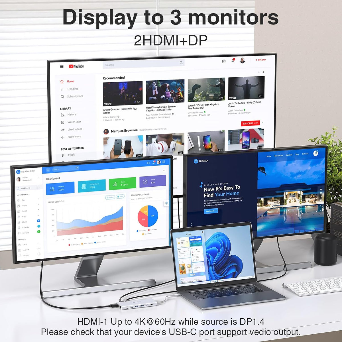 USB C Hub USB-C Docking Station Dual Monitor Triple Display Multi Adapter - Image 3