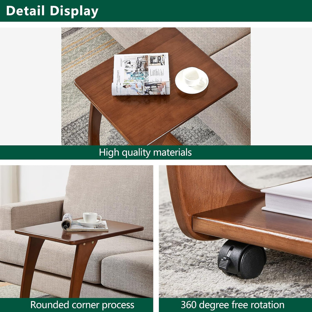 Solid Wood C Shaped End Table with Wheels,Walnut Color(15.7" W) - Image 4