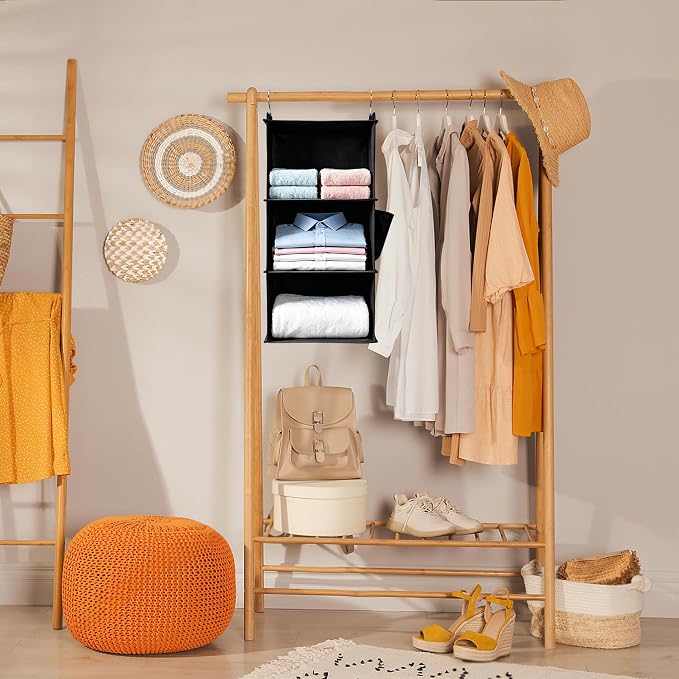 Hanging Closet Organizer and Shelves,3 Shelves with 1 Side Pockets (Beige) | Foldable, Grey Fabric, Modern Style, for Bedroom and Dorm Room - Image 2