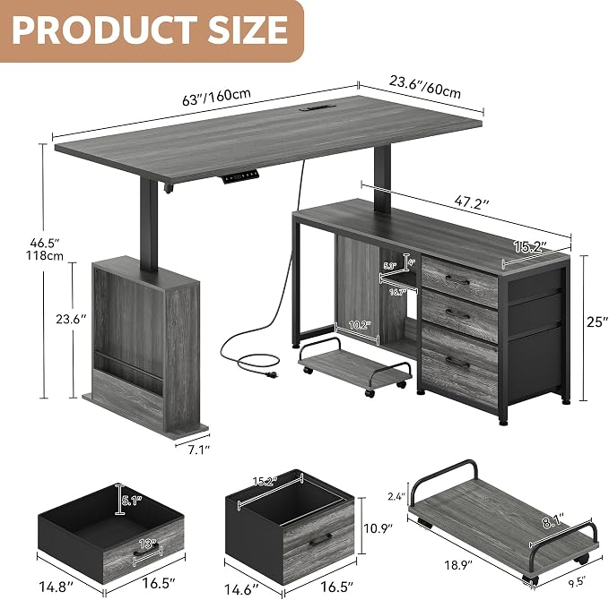 63'' L Shaped Desk with 3 Drawers Electric Standing Desks Grey | with Storage Computer Desk Adjustable Height with Power Outlets 4 Memory Presets for Home Office - Image 2