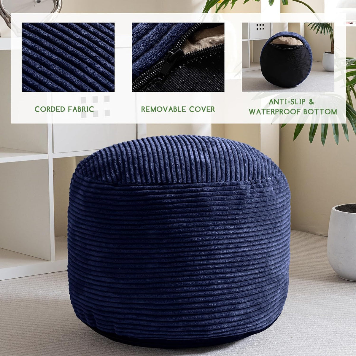 HIGOGOGO Round Stuffed Pouf Ottoman, Corduroy Poufs with Foam Chunk Filling, Furry and Fluffy Pouf Foot Stool Storage Ottoman, 26 X 18 Floor Poufs Foot Rest for Living Room, Navy - Image 3