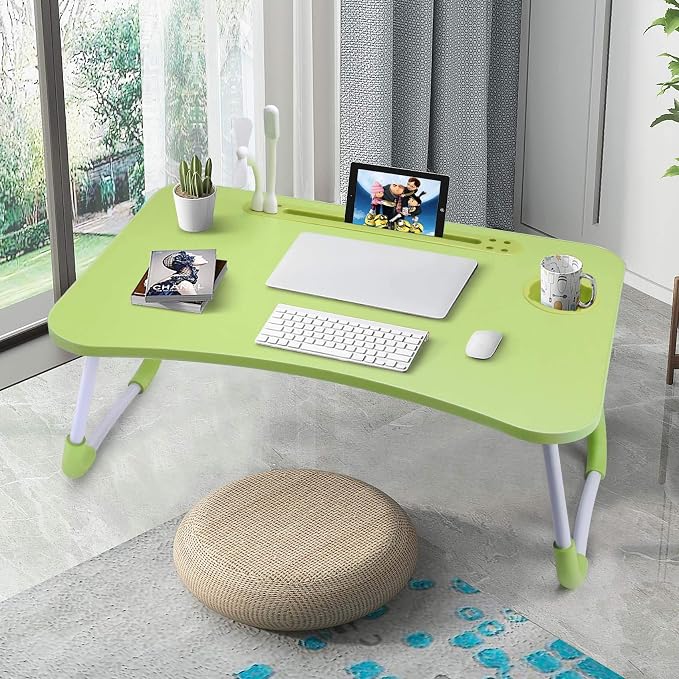 Slendor Foldable Lap Desk with Cup Holder for Bed, Couch, Floor | Portable,with USB Light, Fan, Pen Holder,Tablet Holder,for Laptop,Writing,Eating, Green - Image 3