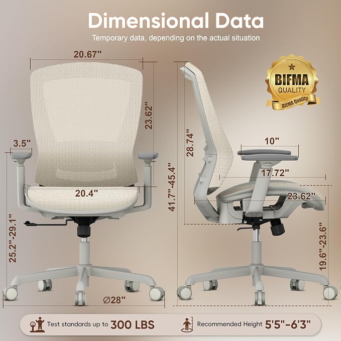 Mesh Office Chair,Ergonomic Computer Desk Chair,Sturdy Task Chair- Adjustable Lumbar Support & Armrests,Tilt Function,Comfort Wide Seat,Swivel Home Office Chair (Beige) - Image 3