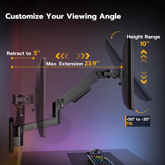 ARES WING Wall Mount Monitor Arm for 17-49 Inch Ultrawide Screens, Black | Heavy Duty Single Monitor Arm Holds 44 lbs, Fully Adjustable Gas Spring Monitor Wall Mount, 75x75/100x100 VESA Mount - Image 4