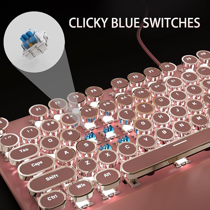 Camiysn Typewriter Style Mechanical Gaming Keyboard, Pink Retro Punk Gaming Keyboard with White Backlit, 104 Keys Blue Switch Wired Cute Keyboards, Round Keycaps for Windows/Mac/PC - Image 3