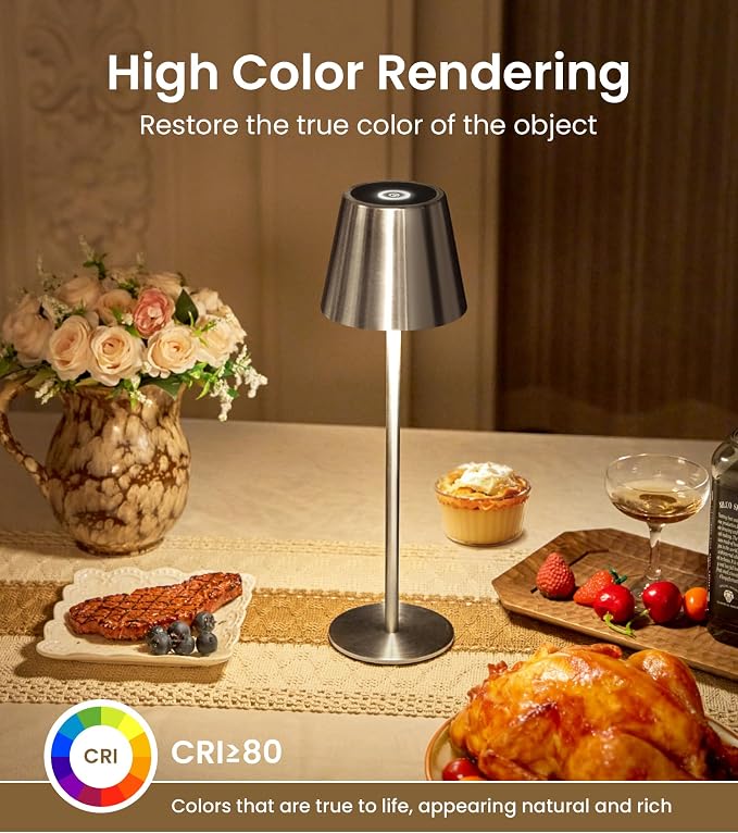 3 Pack Cordless Table Lamp, Portable Battery Operated Lamp with 3 Color Temps and Stepless Dimming, Rechargeable Table Lamp for Dinner, Desk, Cafe, Outdoor (Brushed Silver) - Image 6