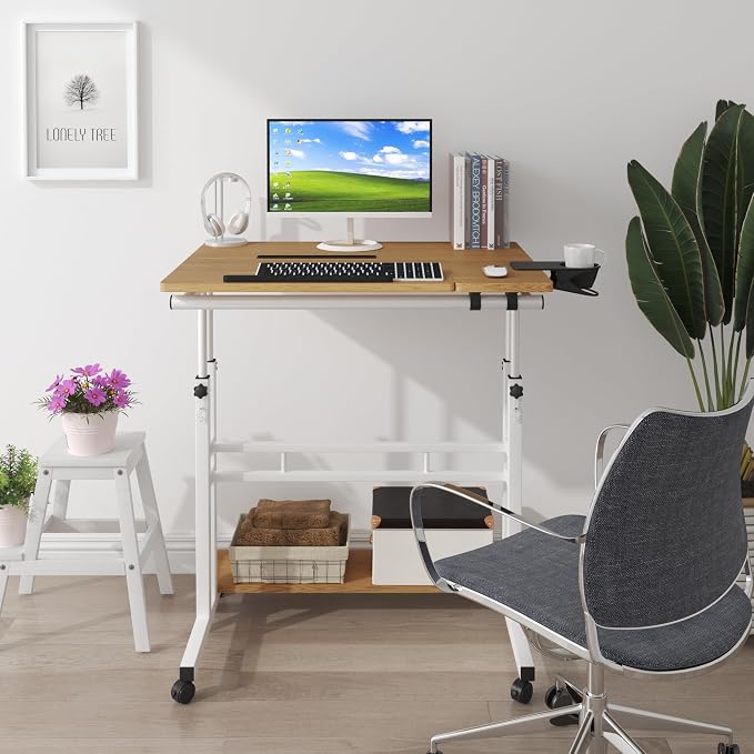 Mobile Standing Desk, Adjustable Rolling Computer Desk with 3 Desktops, Portable Laptop Table with Cup Holder, Home Office Laptop Workstation on Lockable Wheels,Khaki | Triple desktops, cup holder, lockable wheels, portable workstation, for home office - Image 9