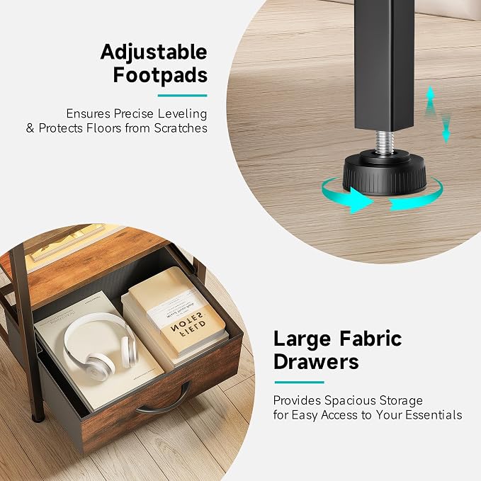 Lazzanto Nightstand with Rear Charging Station, LED Light, 2 Drawers, Brown | Industrial Nightstand, 2 USB-A Ports & AC Outlets, Raised Back Guard, Fabric Storage Drawers, Bedside Table for Bedroom, Dorm - Image 6