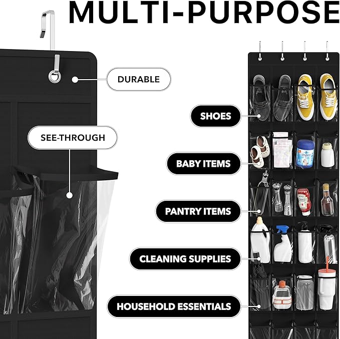 Simple Houseware 24 Pockets Clear Over the Door Shoe Organizer, Black | 64" x 19", 4 Durable Metal Hooks, 4.3" x 9.5" Pocket Size, Multipurpose - Image 5