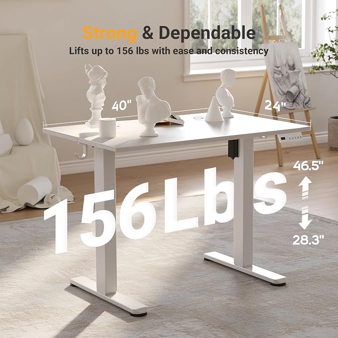 YDN 40 x 24 Inch White Electric Standing Desk | Adjustable Height, Sit Stand, Cable Management, Ergonomic, Home Office - Image 3