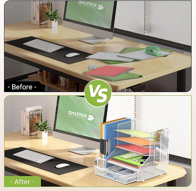 5-Tier Desk Organizer with File Holder & Pen Holder & Sliding Drawer, White | Mesh Metal Paper Letter Tray for Papers, Mail, Office Supplies, and Desk Accessories - Image 7