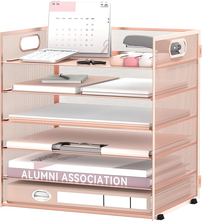 Daltack 6-Tier Paper Organizer for Desk with Handle, Rose Gold | Sturdy Metal Mesh Organizer with Movable Middle Trays and a Carry Handle for Papers, Folders and Office Supplies by DALTACK