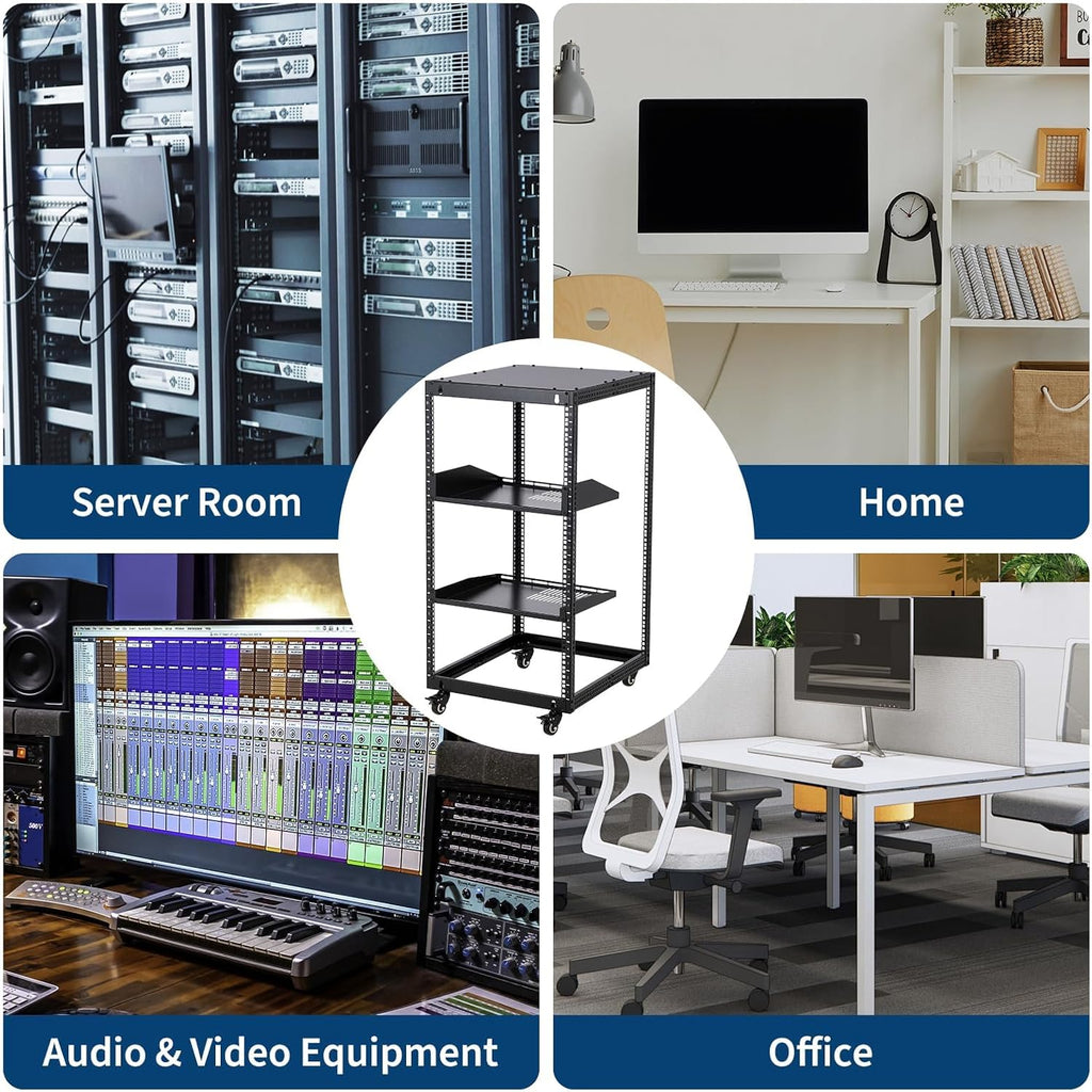 20U Open Frame Network Rack, 22"-40" Adjustable Depth, Wall Mount & Freestanding Server Rack with Lockable Casters + 2Pack 1U Shelves, Heavy Duty for IT AV Gear - Image 2