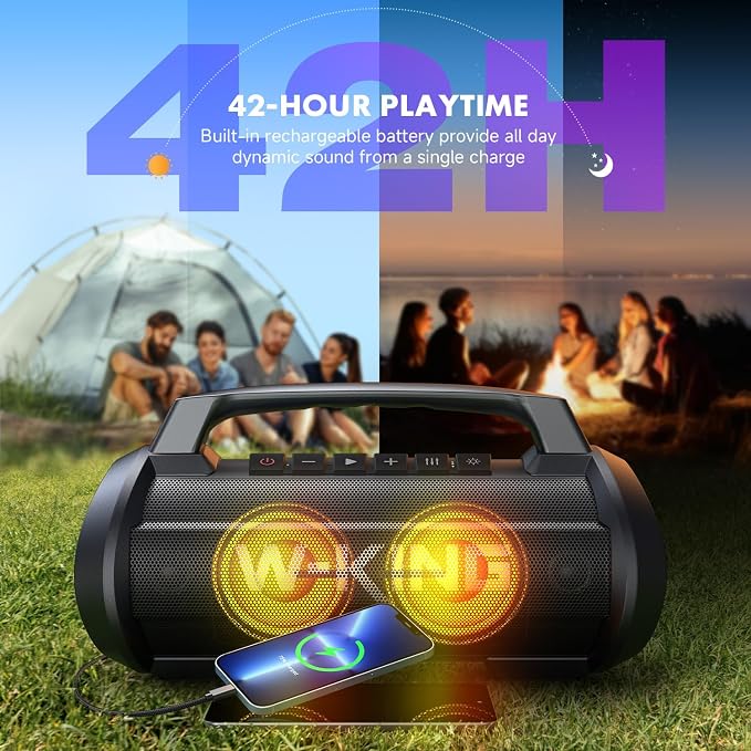 W-KING Portable Bluetooth Speaker, 120W Peak Loud Bass Boombox Outdoor | 70W Subwoofer, Stereo Pair, Deep Bass, 4 Drivers, IPX6, BT5.4, EQ, 42H, RGB, TF, Wireless Outdoor Speaker, 110dB Party Music - Image 4