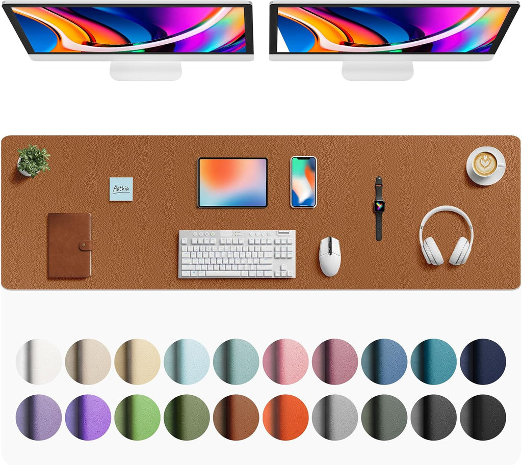Aothia Faux Leather Desk Mat - Large Mouse Pad, Non-Slip PU Leather Blotter, Waterproof Writing Surface for Office and Home (Brown, 63" x 17") by Aothia