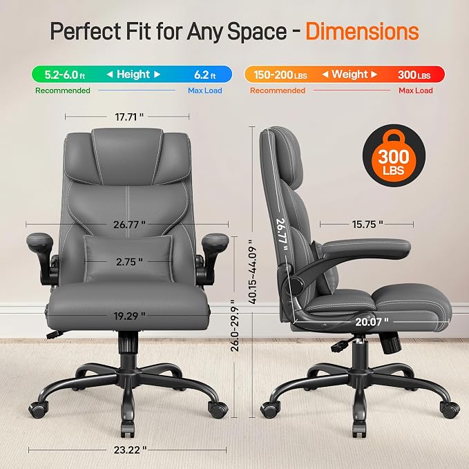 Office Chair, Executive Mid-Back Computer Desk Chair with Flip-up Armrests | 300 Lbs Ergonomic Leather Swivel PC Chair with Rock Function for Working Studying (Gray) - Image 2