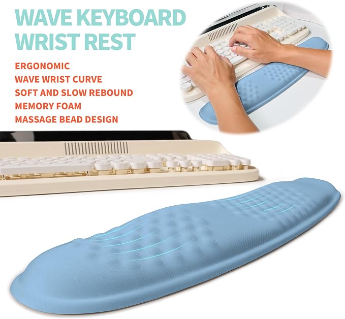 2-in-1 Ergonomic Set, Wave Rise Keyboard Wrist Rest and Massage Bulge Slope Mouse Pad Wrist Support, Cushion Memory Foam Integrated to Relieve Wrist Pain, Lake Blue - Image 2