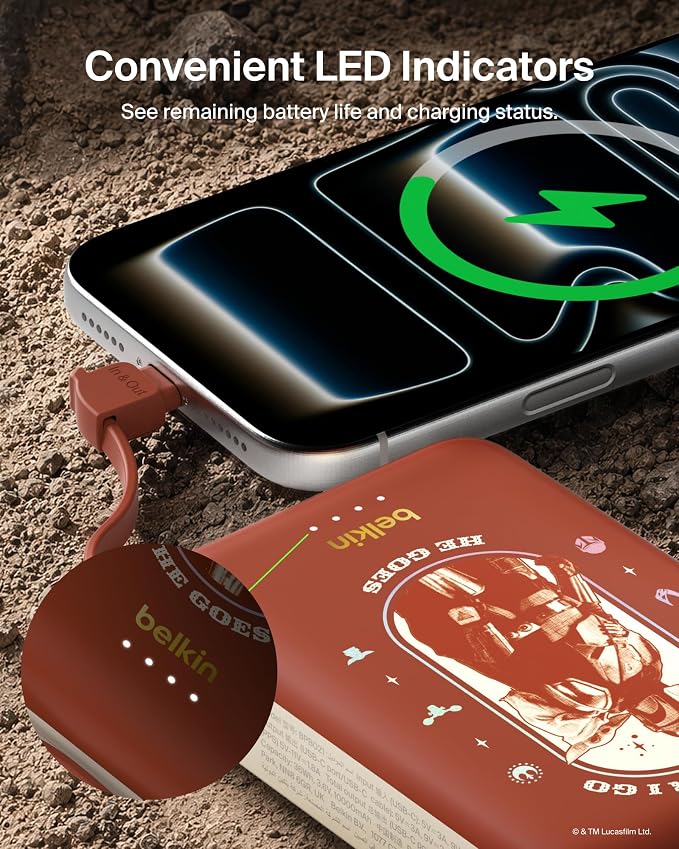 Belkin Disney Mandalorian and Grogu 10000mAh 20W USB C Power Bank Charger | Fast Charging, Integrated USB C Cable, Extra USB C Port, iPhone 17, iPad, Samsung Galaxy S26, Charge 2 Devices - Image 7