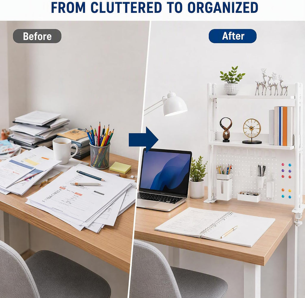 3-Tier Desk Organizer Shelf, Adjustable Pegboard Bookshelf, White - Image 7