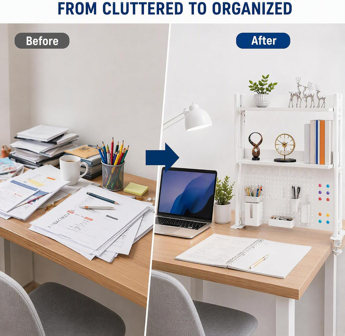 3-Tier Desk Organizer Shelf, Adjustable Pegboard Bookshelf, White - Image 7